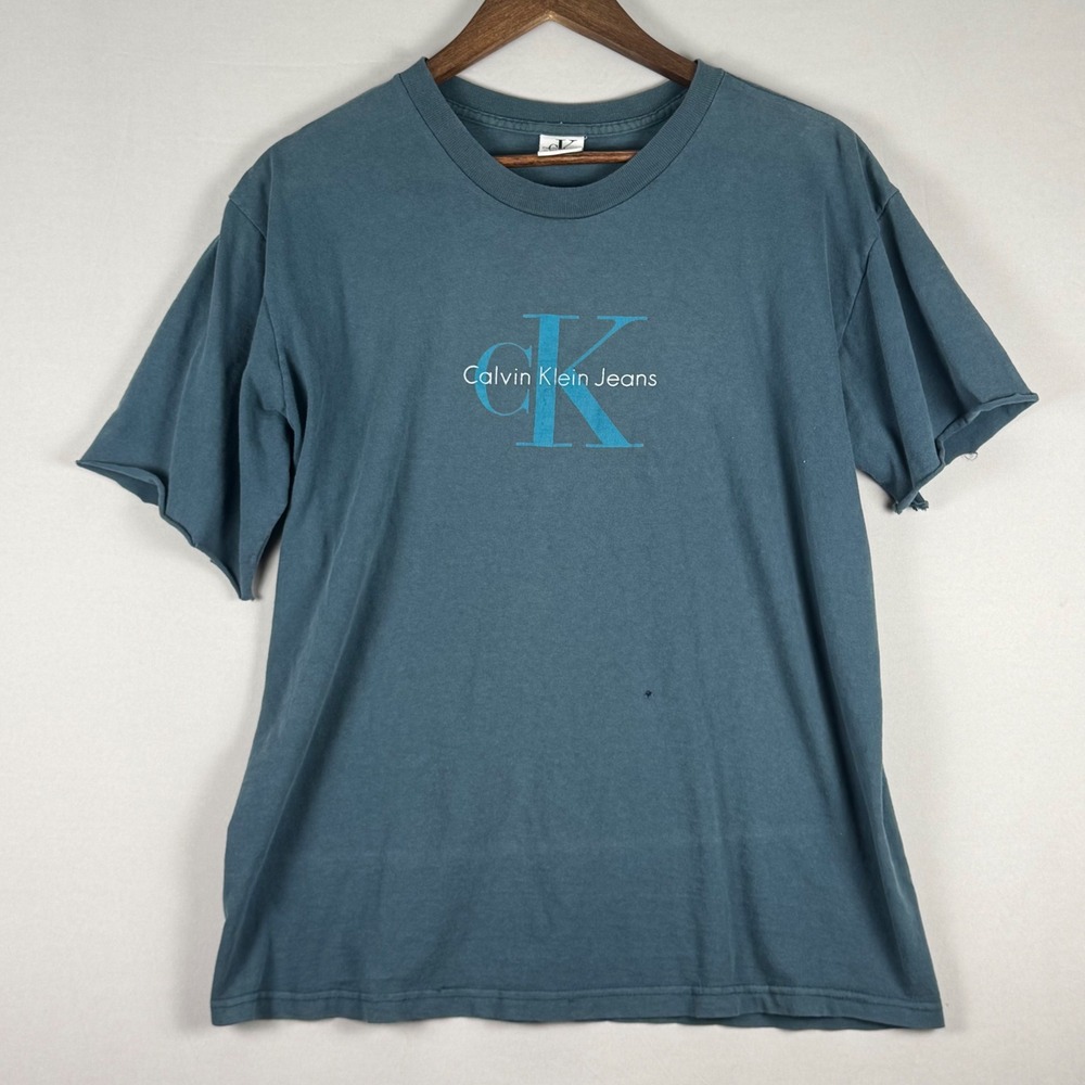 Calvin Klein Jeans T-Shirt Mens Large Teal Blue Vintage 90s Good Cut Grunge